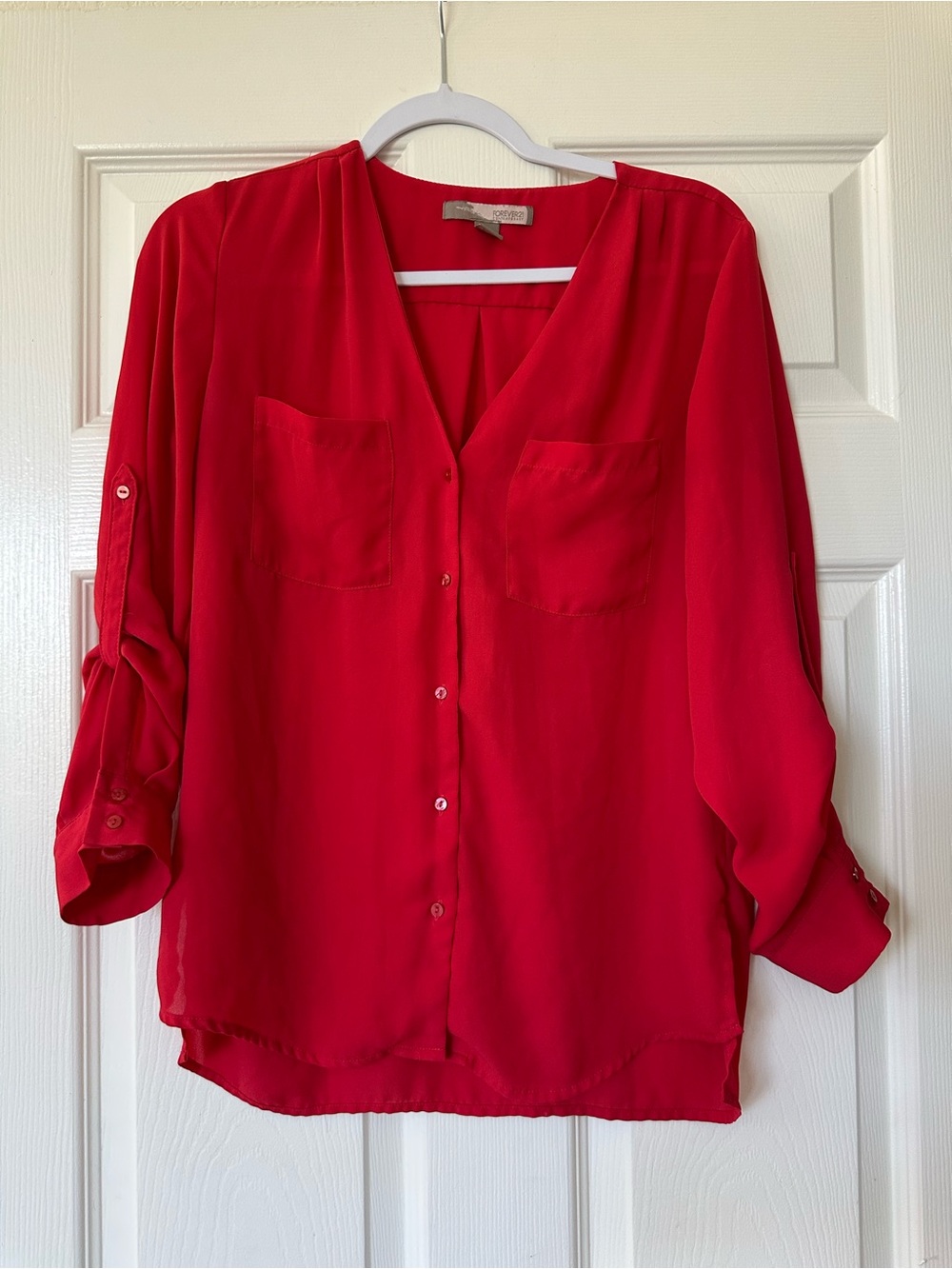 Forever 21 Button Down Long Sleeve V Neck Pocket Blouse